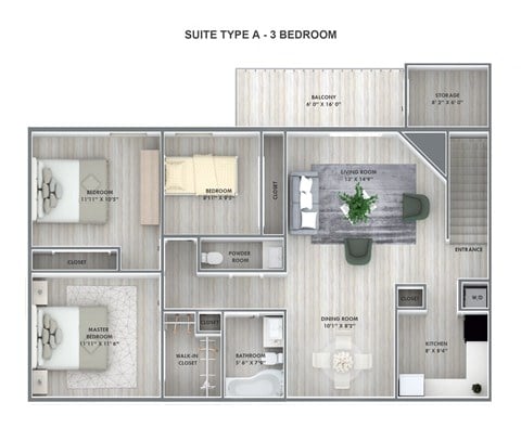 Floor plan for 3 beds, 1.5 baths, 1032 sqft
